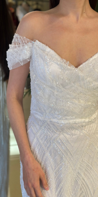 Kırık Beyaz Madonna Yaka Sırt Dekolteli Düz Kesim Pullu Boncuklu Uzun Abiye Elbise 11044-11 - 4