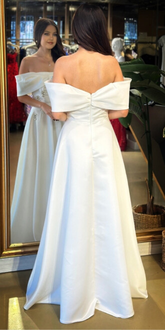 Beyaz Madonna Yaka Taş Detaylı Kloş Etekli Saten Uzun Abiye Elbise 11063-09 - 5