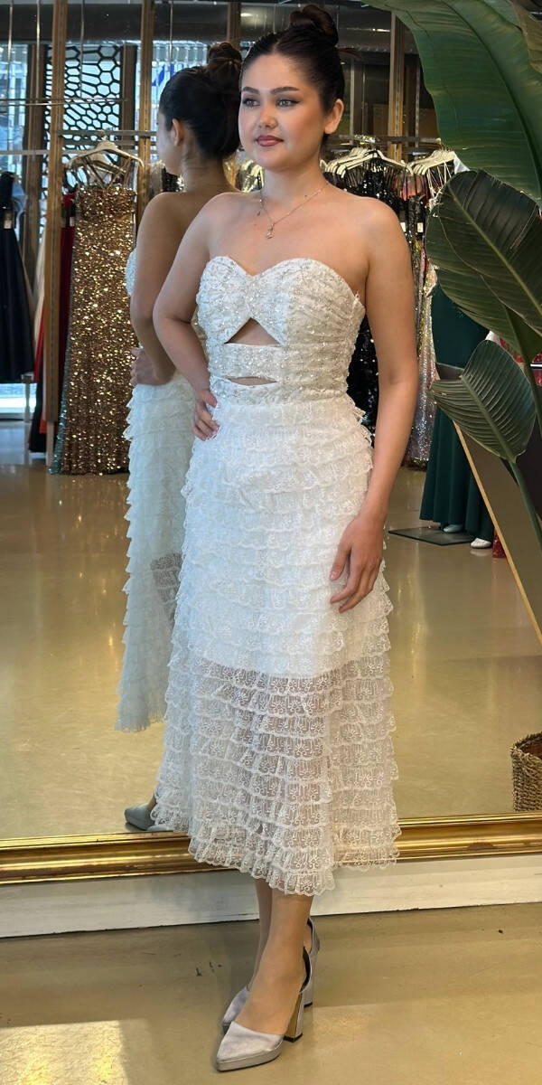 Beyaz Starplez Bel Dekolteli Kısa Abiye Elbise 7709 - 1