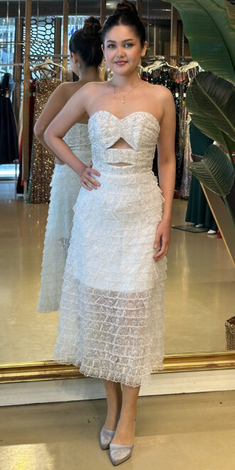 Beyaz Starplez Bel Dekolteli Kısa Abiye Elbise 7709 - 2