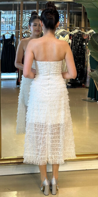 Beyaz Starplez Bel Dekolteli Kısa Abiye Elbise 7709 - 4