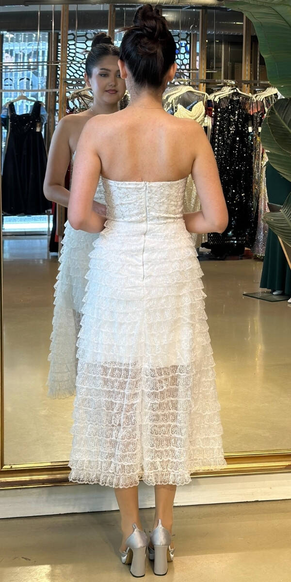 Beyaz Starplez Bel Dekolteli Kısa Abiye Elbise 7709 - 4