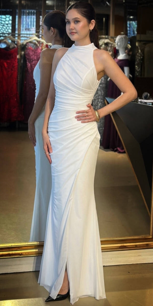 Beyaz Halter Yaka Yırtmaçlı Düz Kesim Likralı Tül Uzun Abiye Elbise 11084-14 - 2