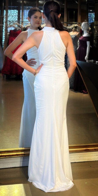 Beyaz Halter Yaka Yırtmaçlı Düz Kesim Likralı Tül Uzun Abiye Elbise 11084-14 - 5