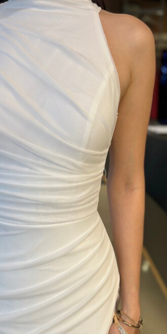 Beyaz Halter Yaka Yırtmaçlı Düz Kesim Likralı Tül Uzun Abiye Elbise 11084-14 - 4