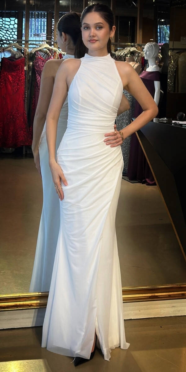 Beyaz Halter Yaka Yırtmaçlı Düz Kesim Likralı Tül Uzun Abiye Elbise 11084-14 - 1