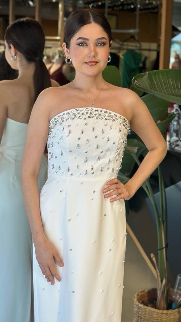 Beyaz Straplez Yaka Düz Kesim Krep Uzun Abiye Elbise 11210-01 - 3