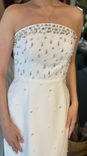 Beyaz Straplez Yaka Düz Kesim Krep Uzun Abiye Elbise 11210-01 - 4