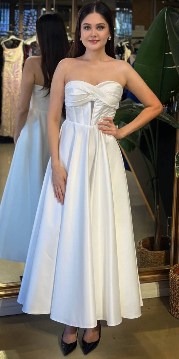 Beyaz Straplez Yaka Kloş Etekli Saten Midi Abiye Elbise 11182-02 - 1