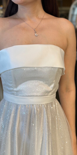 Beyaz Straplez Yaka Kloş Etekli Tül Uzun Abiye Elbise 7743 - 3