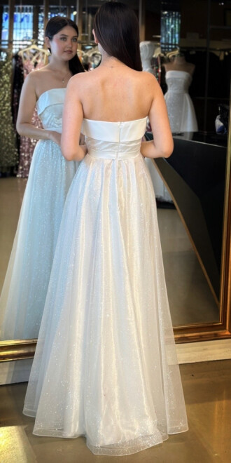 Beyaz Straplez Yaka Kloş Etekli Tül Uzun Abiye Elbise 7743 - 4