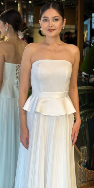 Beyaz Straplez Yaka Sırt Dekolteli Kloş Etekli Şifon Uzun Abiye Elbise 11140-02 - 3