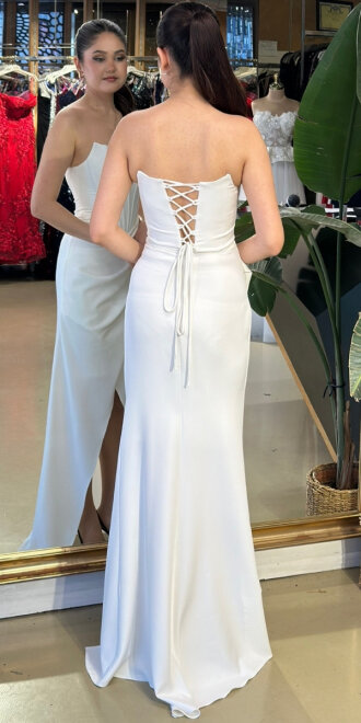 Beyaz Straplez Yaka Sırt Dekolteli Yırtmaçlı Düz Kesim Krep Uzun Abiye Elbise 11175-03 - 5