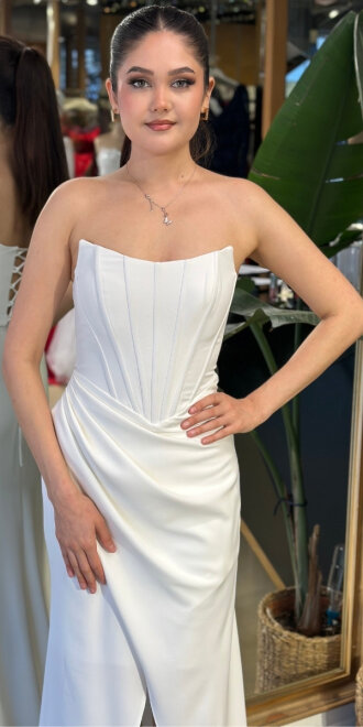 Beyaz Straplez Yaka Sırt Dekolteli Yırtmaçlı Düz Kesim Krep Uzun Abiye Elbise 11175-03 - 3