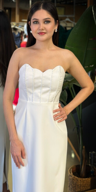 Beyaz Straplez Yaka Yırtmaçlı Düz Kesim Krep Midi Abiye Elbise 11169-01 - 3