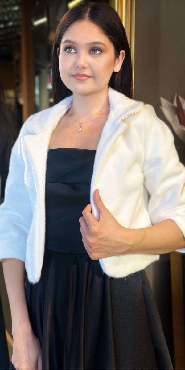 Beyaz Tay Tüyü Kısa Bolero Abiye Ceket 6009 - 1