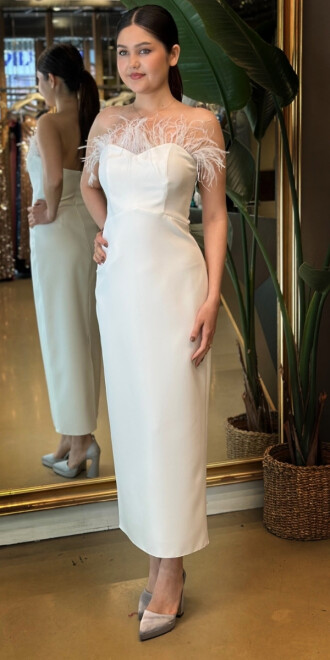 Beyaz Tüy Detaylı Yırtmaçlı Düz Kesim Krep Midi Abiye Elbise 7765 - 2