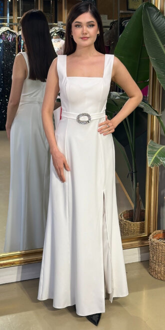 Beyaz Uzun Abiye Elbise 7676 - abiyeniall