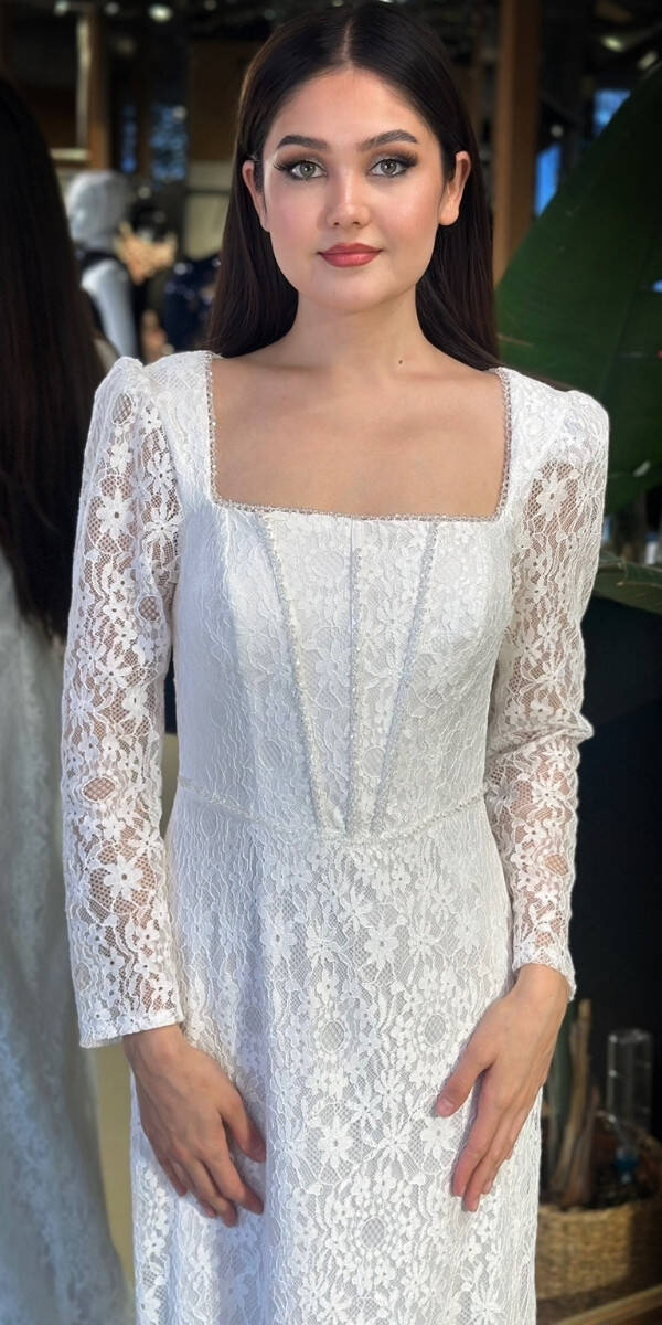 Beyaz Uzun Kollu Boncuk İşlemeli Düz Kesim Dantel Uzun Abiye Elbise 11166-02 - 3