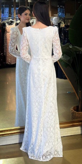 Beyaz Uzun Kollu Boncuk İşlemeli Düz Kesim Dantel Uzun Abiye Elbise 11166-02 - 5