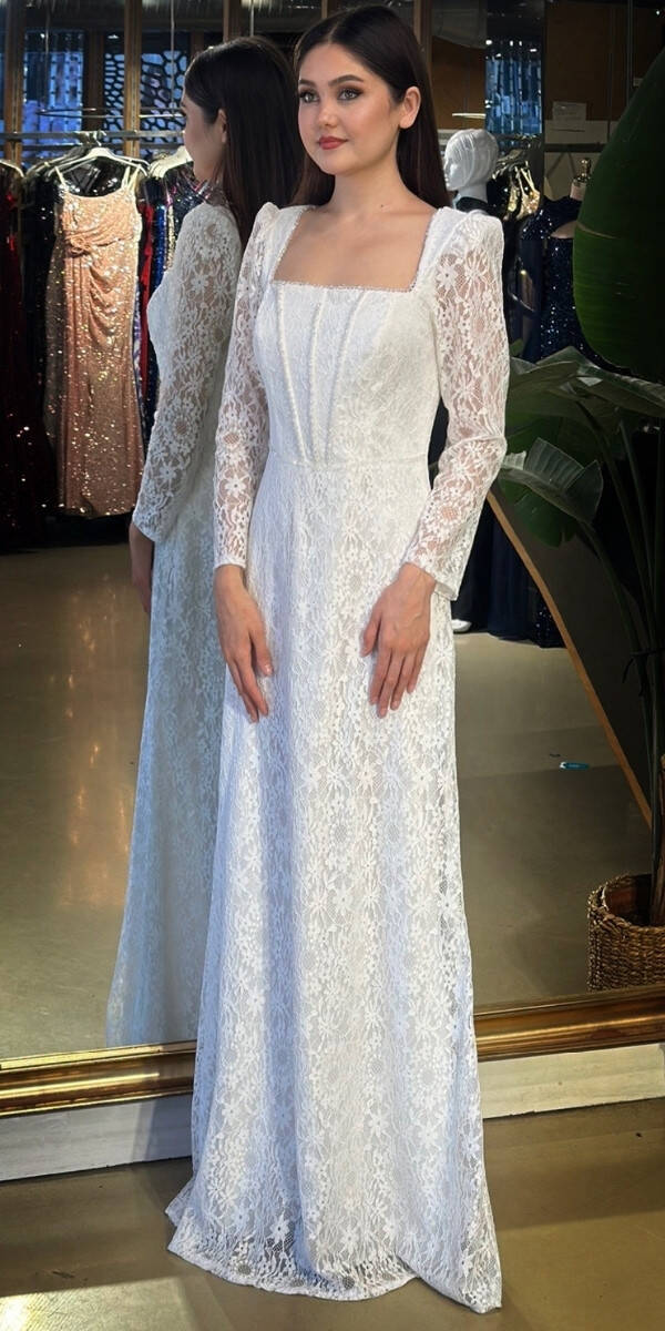 Beyaz Uzun Kollu Boncuk İşlemeli Düz Kesim Dantel Uzun Abiye Elbise 11166-02 - 2