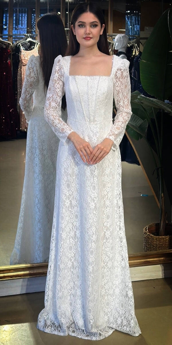 Beyaz Uzun Kollu Boncuk İşlemeli Düz Kesim Dantel Uzun Abiye Elbise 11166-02 - 1