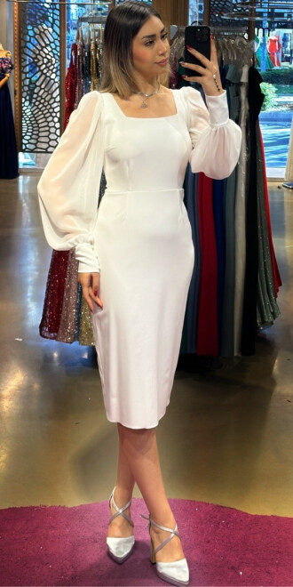 Beyaz Uzun Kollu Düz Kesim Krep Midi Abiye Elbise 7322 - abiyeniall