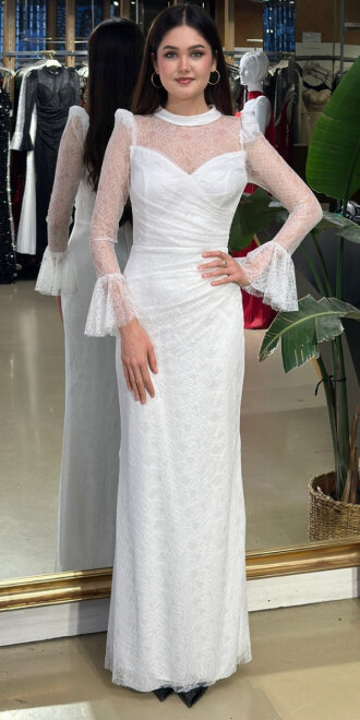 Beyaz Uzun Kollu Düz Kesim Likralı Dantel Uzun Abiye Elbise 11203-02 - abiyeniall