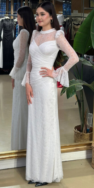 Beyaz Uzun Kollu Düz Kesim Likralı Dantel Uzun Abiye Elbise 11203-02 - 2