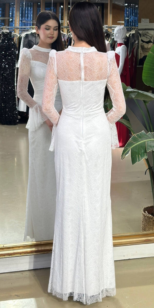 Beyaz Uzun Kollu Düz Kesim Likralı Dantel Uzun Abiye Elbise 11203-02 - 5