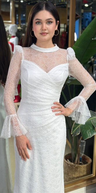 Beyaz Uzun Kollu Düz Kesim Likralı Dantel Uzun Abiye Elbise 11203-02 - 3