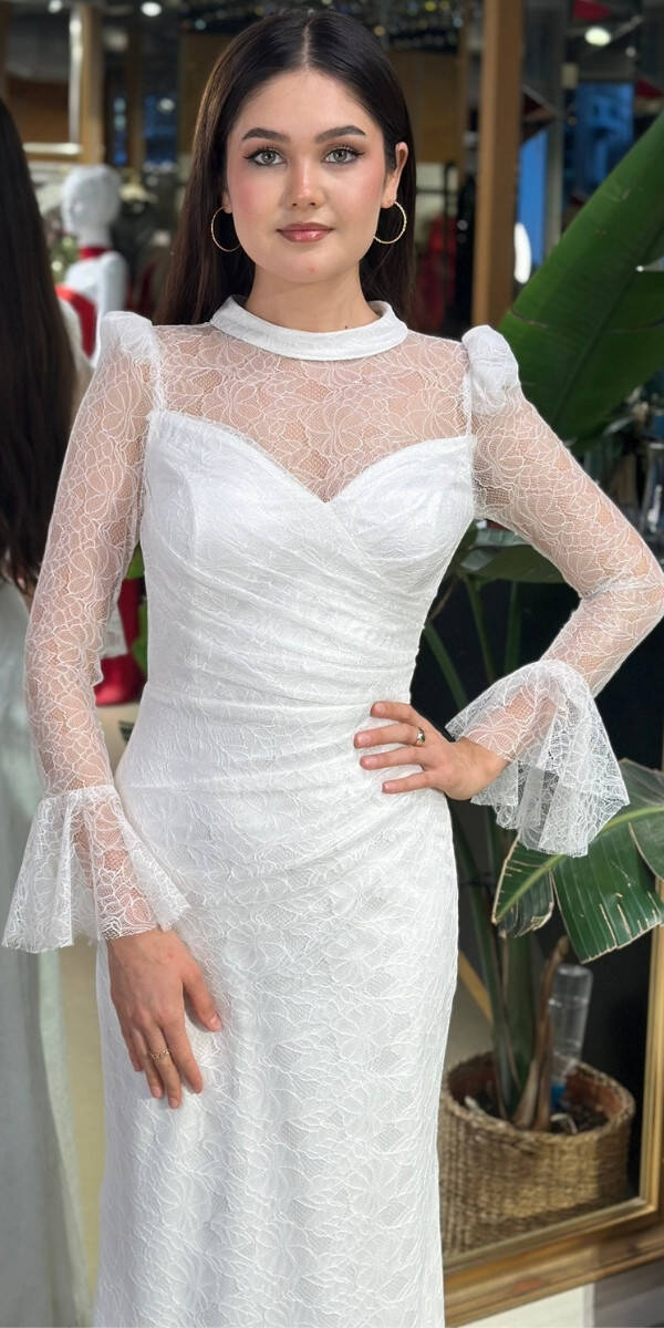 Beyaz Uzun Kollu Düz Kesim Likralı Dantel Uzun Abiye Elbise 11203-02 - 3