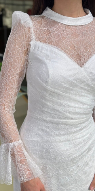 Beyaz Uzun Kollu Düz Kesim Likralı Dantel Uzun Abiye Elbise 11203-02 - 4