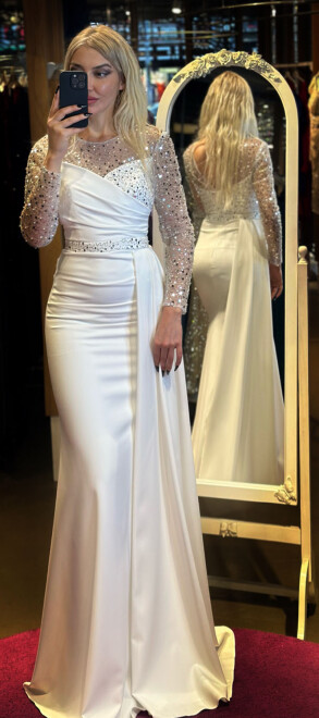 Beyaz Uzun Kollu Balık Etekli Krep Uzun Abiye Elbise 7440 