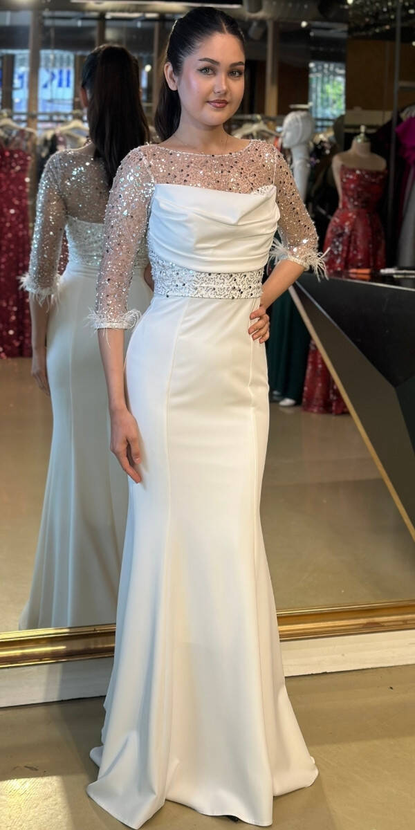 Beyaz Uzun Kollu Uzun Abiye Elbise 7463 - 1