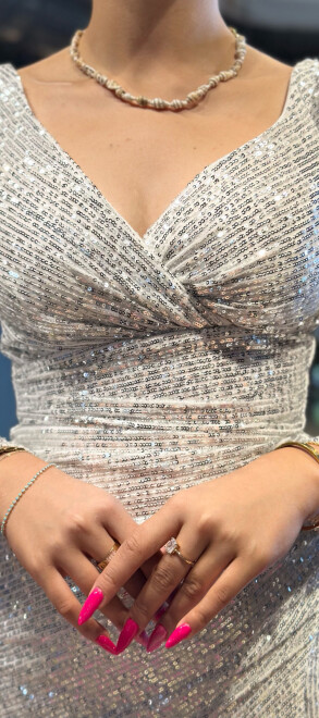 Beyaz Uzun Kollu Yırtmaçlı Düz Kesim Payet Uzun Abiye Elbise 7321 - 4