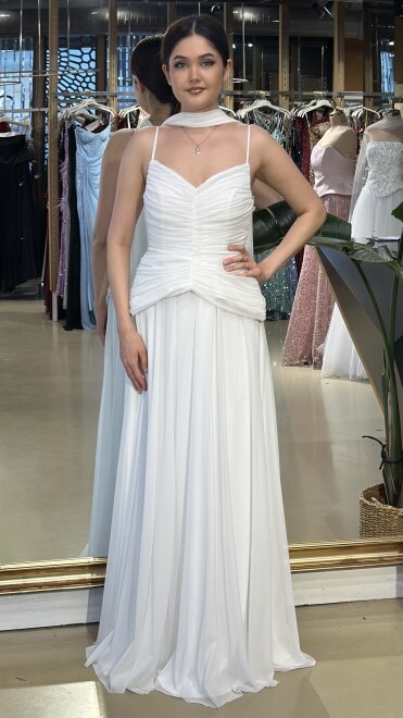 Beyaz V Yaka İp Askılı Pelerin Kloş Etekli Tül Uzun Abiye Elbise 11261-04 - abiyeniall