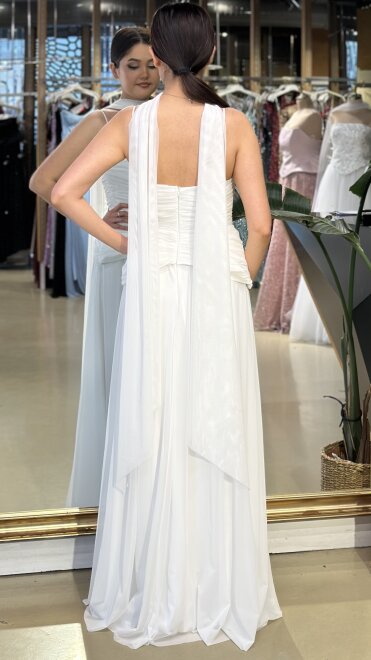 Beyaz V Yaka İp Askılı Pelerin Kloş Etekli Tül Uzun Abiye Elbise 11261-04 - 5