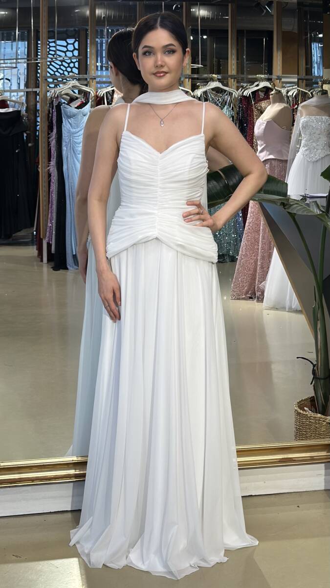 Beyaz V Yaka İp Askılı Pelerin Kloş Etekli Tül Uzun Abiye Elbise 11261-04 - 1