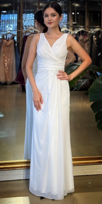 Beyaz V Yaka Kalın Askı Anvelop Yırtmaçlı Düz Kesim Likralı Tül Uzun Abiye Elbise 11123-01 - abiyeniall