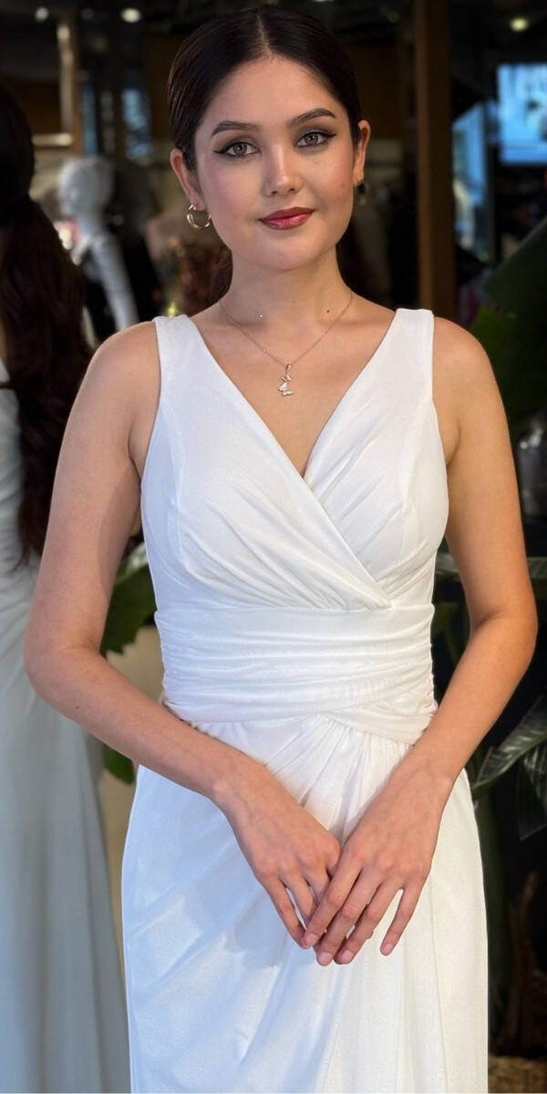 Beyaz V Yaka Kalın Askı Anvelop Yırtmaçlı Düz Kesim Likralı Tül Uzun Abiye Elbise 11123-01 - 3