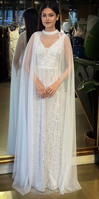 Beyaz V Yaka Kalın Askı Pelerin Düz Kesim Pullu Boncuklu Uzun Abiye Elbise 11142-02 - abiyeniall