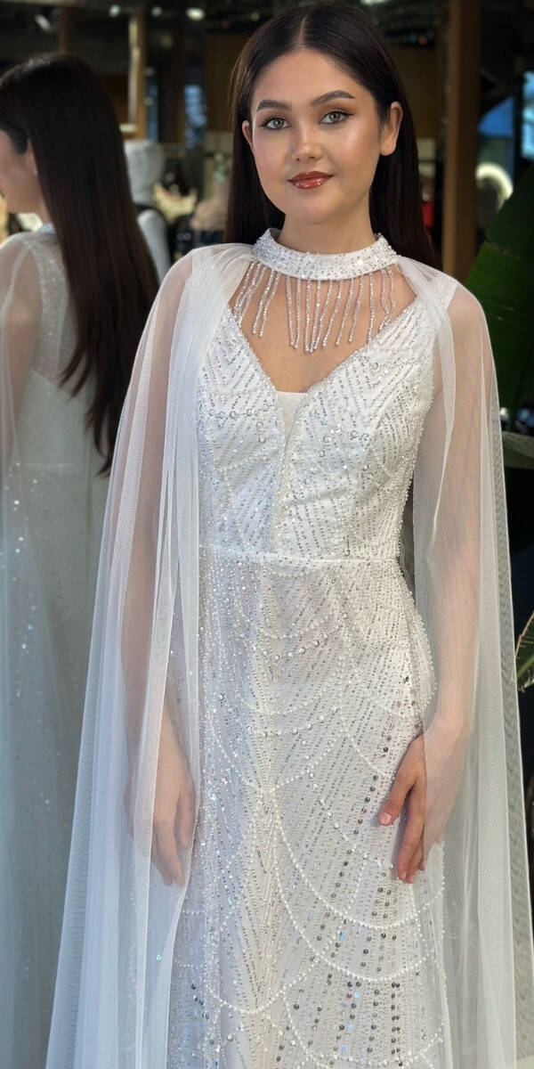 Beyaz V Yaka Kalın Askı Pelerin Düz Kesim Pullu Boncuklu Uzun Abiye Elbise 11142-02 - 3