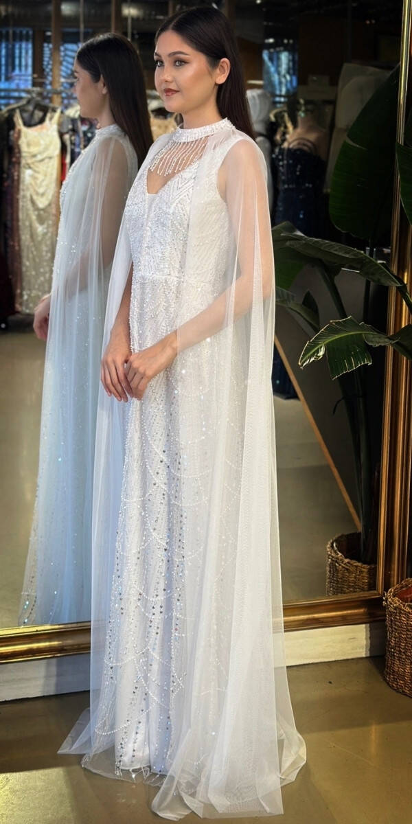 Beyaz V Yaka Kalın Askı Pelerin Düz Kesim Pullu Boncuklu Uzun Abiye Elbise 11142-02 - 2