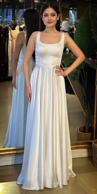 Beyaz V Yaka Kalın Askı Sırt Dekolteli Kloş Etekli Saten Uzun Abiye Elbise 11091-01 - abiyeniall