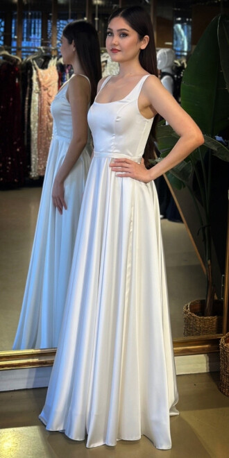 Beyaz V Yaka Kalın Askı Sırt Dekolteli Kloş Etekli Saten Uzun Abiye Elbise 11091-01 - 2