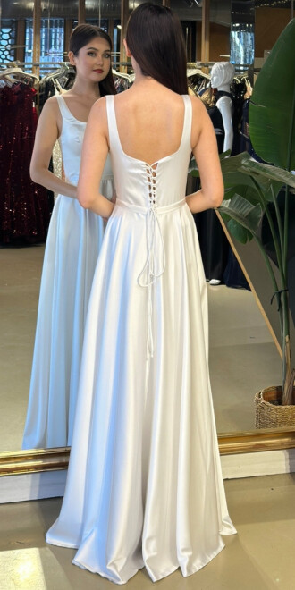 Beyaz V Yaka Kalın Askı Sırt Dekolteli Kloş Etekli Saten Uzun Abiye Elbise 11091-01 - 5