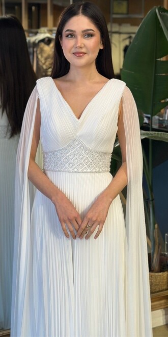 Beyaz V Yaka Pelerin Kloş Etekli Şifon Uzun Abiye Elbise 11108-01 - abiyeniall