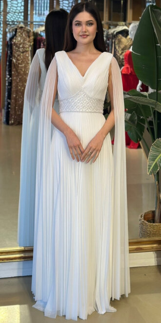 Beyaz V Yaka Pelerin Kloş Etekli Şifon Uzun Abiye Elbise 11108-01 - abiyeniall