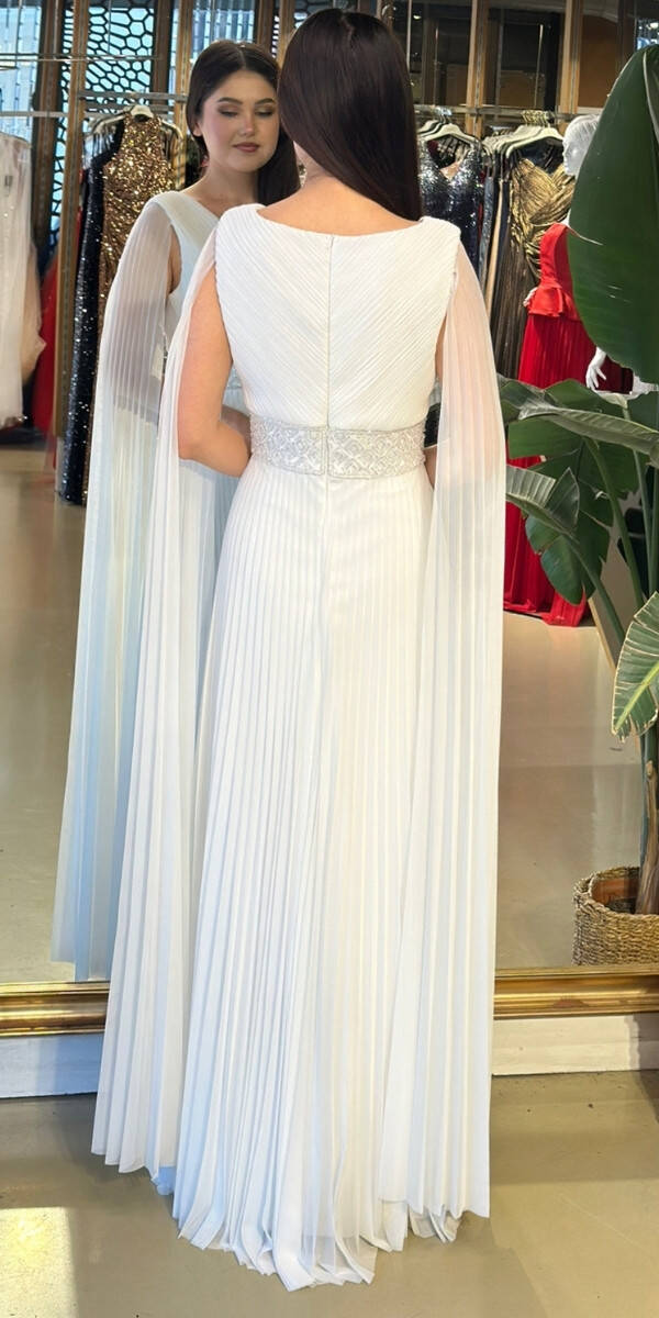 Beyaz V Yaka Pelerin Kloş Etekli Şifon Uzun Abiye Elbise 11108-01 - 6